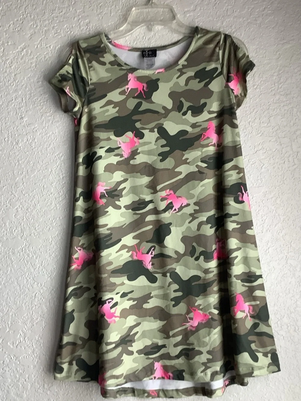 Girls' Camouflage Swing Dress with Pink Unicorn Motif - Picture 1 of 4
